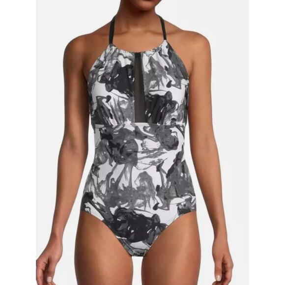 Calvin Klein INK SMOKE BLACK MULTI High-Neck Halter One-Piece Swimsuit, US 4 NWT - Picture 2 of 4